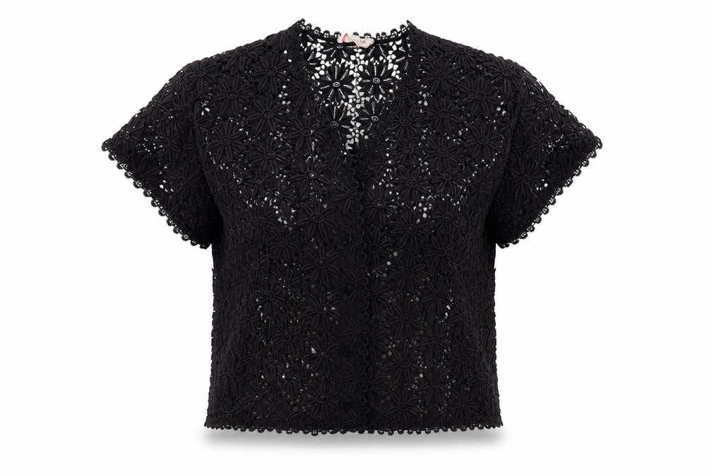 Janet Cotton Women's Black Crochet Cropped Blouse, Size 8