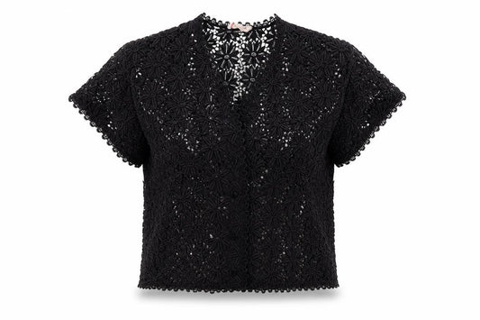 Janet Cotton Women's Black Crochet Cropped Blouse, Size 8