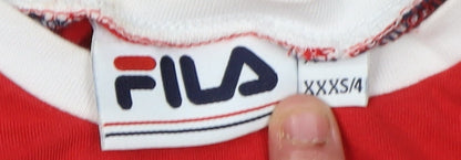 Close-up detail of Fila boys’ red graphic print t-shirt, size 4, years