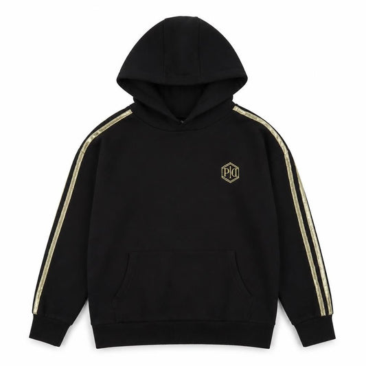 Front view of Pindydoll girls’ black pullover hoodie, size 10, years