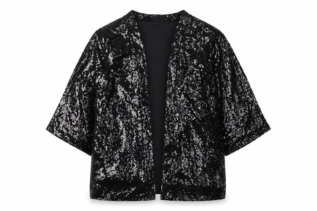 Fransa Women's Black Sequin Open Jacket, Size 18, Party Ready
