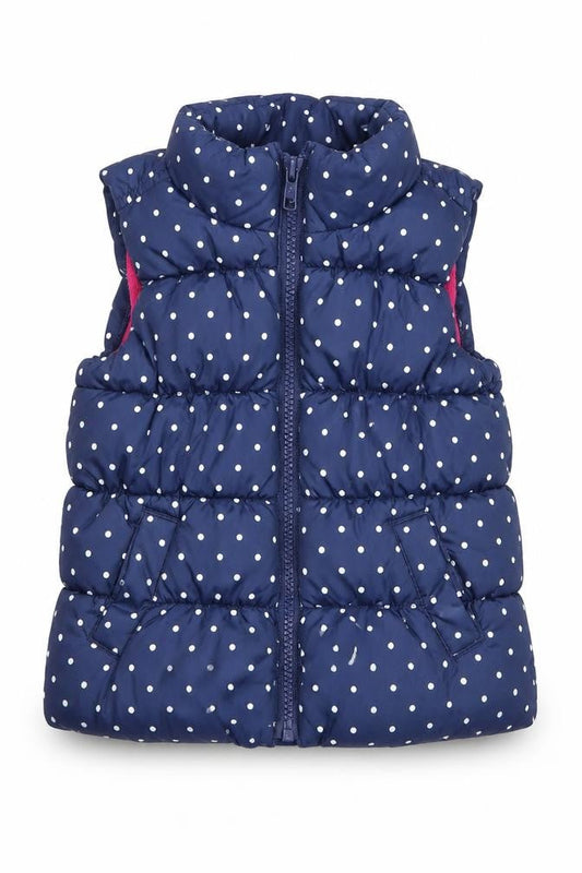 Front view of Baby Gap girls’ blue polka dot puffer jacket 2 years
