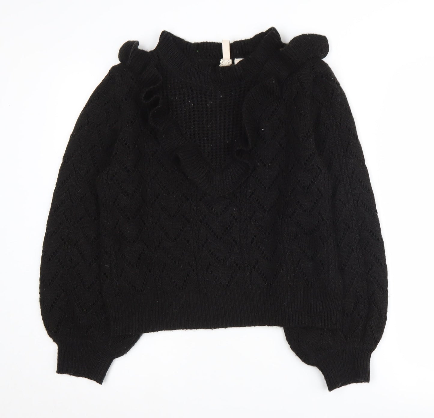 H&M Black Women's Pullover Jumper, Size M, Ruffled Accent