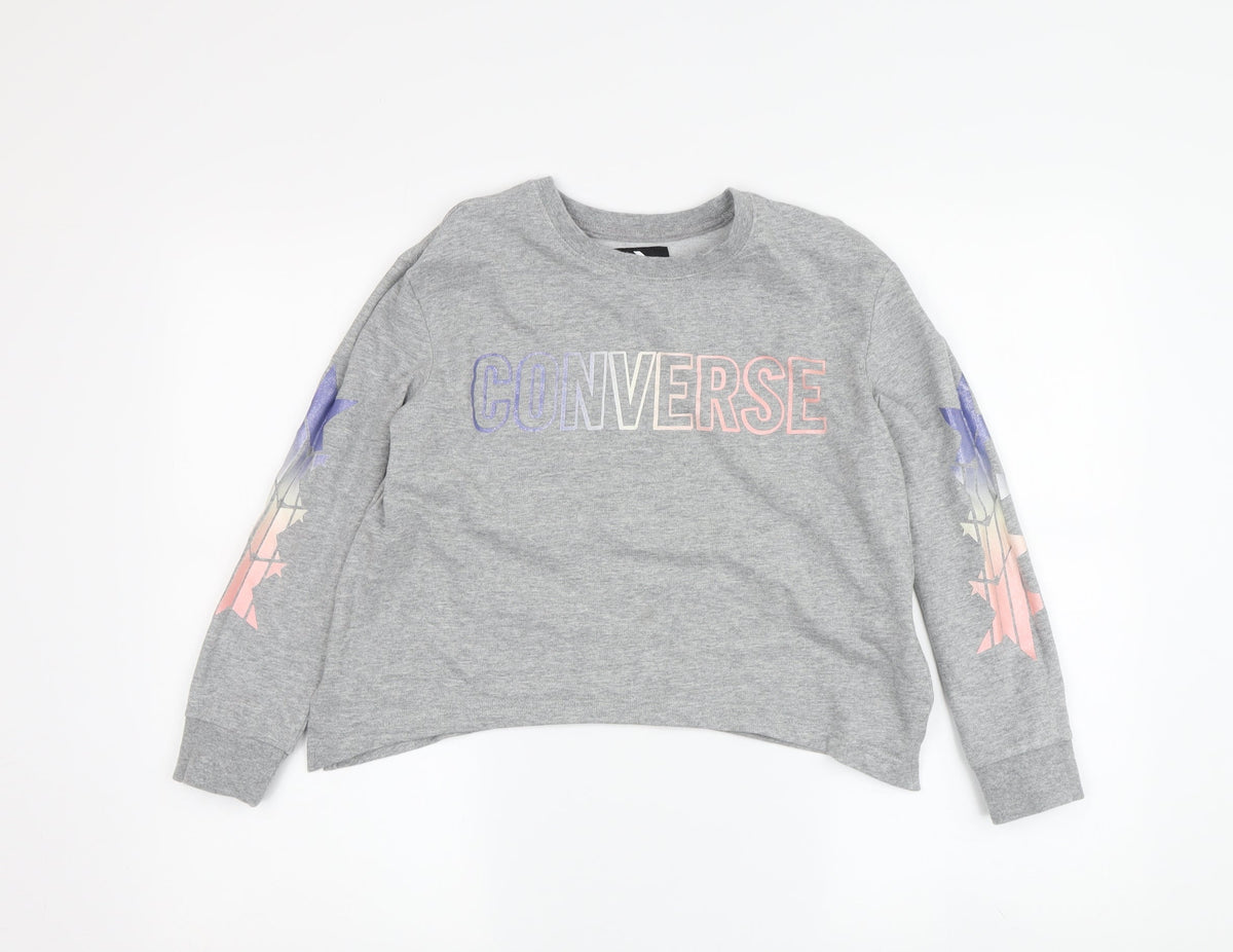 Additional front view of Converse girls’ grey pullover sweatshirt, 10-12 years, stars design