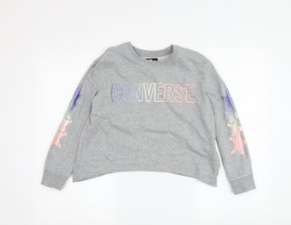 Additional front view of Converse girls’ grey pullover sweatshirt, 10-12 years, stars design