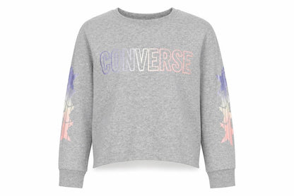 Front view of Converse girls’ grey pullover sweatshirt, 10-12 years, stars design