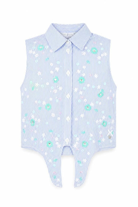 Front view of Jasper Conran girls’ blue striped embroidered sleeveless shirt