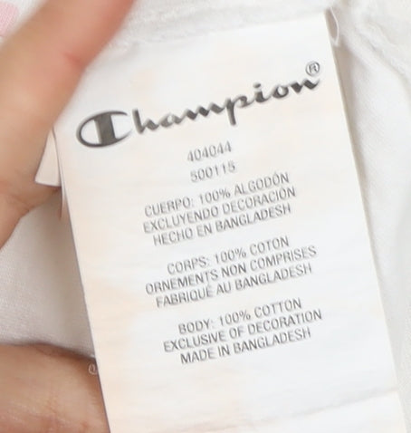 Close-up detail of Champion girls’ white sleeveless logo t-shirt 9-10 years