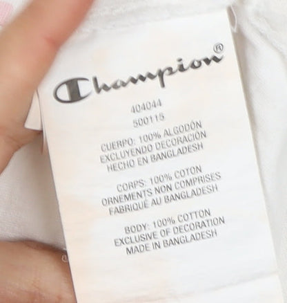 Close-up detail of Champion girls’ white sleeveless logo t-shirt 9-10 years