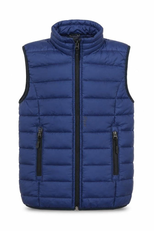 Front view of The North Face boys’ blue puffer vest, size 5