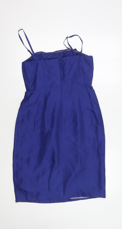Back view of L.K. Bennett Women's Blue Silk A-Line Dress, size 10