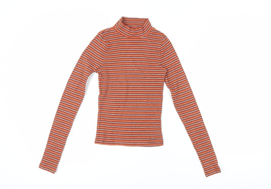 Hollister Women's Orange Striped High Neck Jersey T-Shirt XS