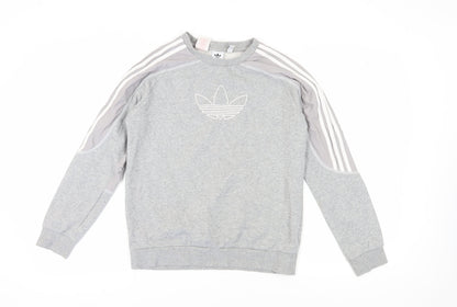 Additional front view of Adidas boys’ grey pullover sweatshirt, logo, age 13-14