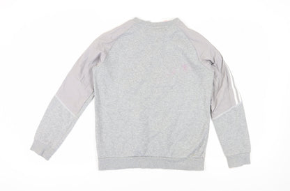 Back view of Adidas boys’ grey pullover sweatshirt, logo, age 13-14