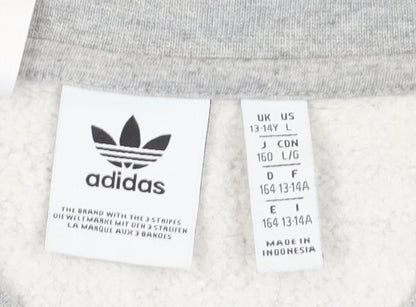 Close-up detail of Adidas boys’ grey pullover sweatshirt, logo, age 13-14