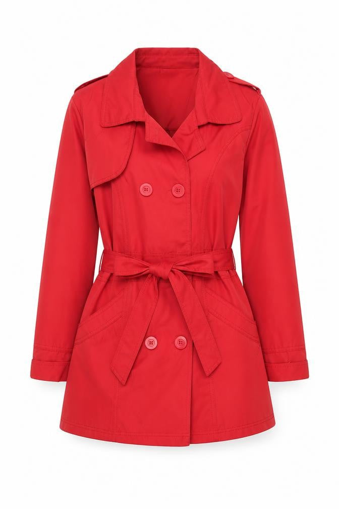 JS Women's Red Trench Coat Size 10, Belted Classic Style