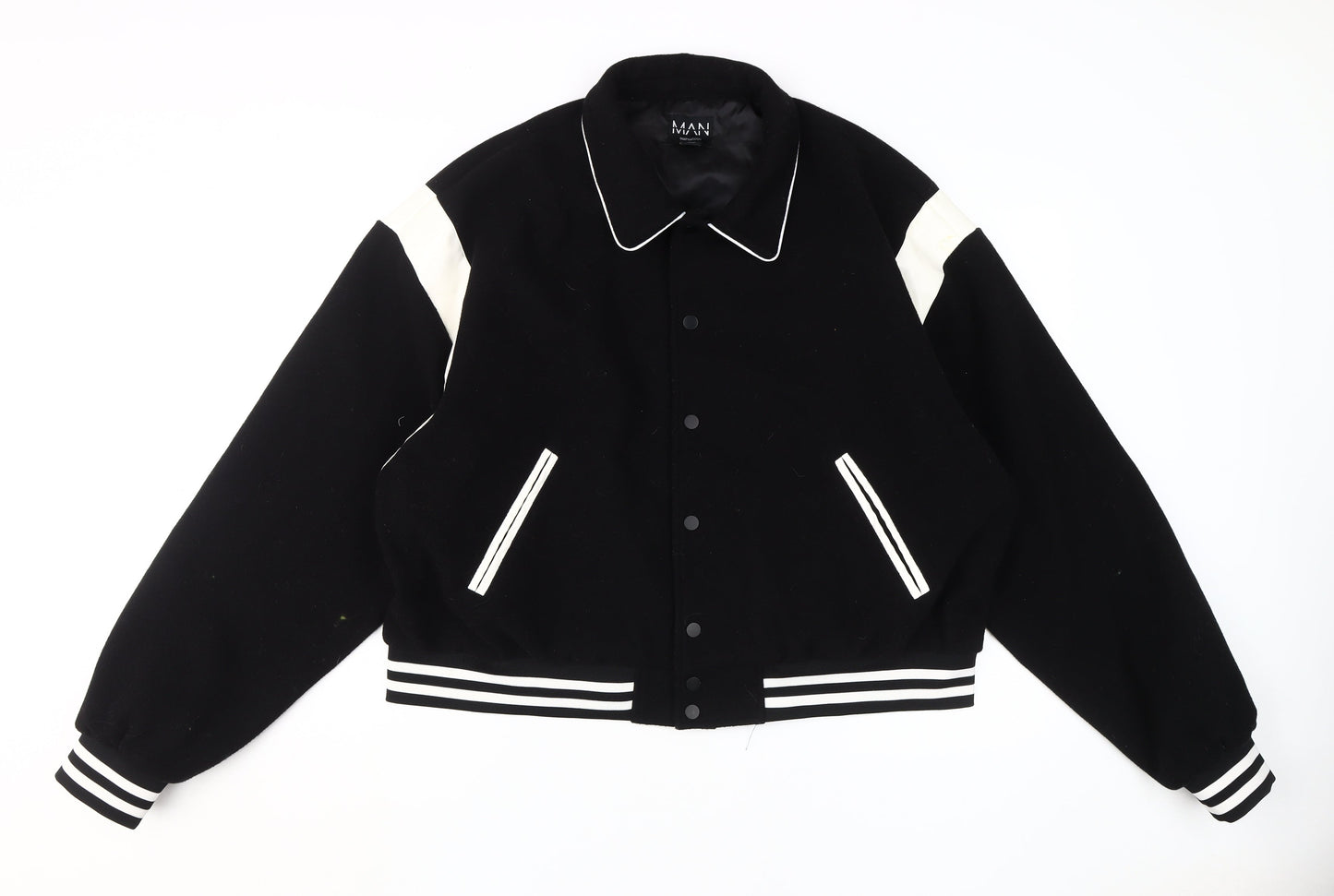 boohooMAN Men's Black Varsity Jacket, Size L, Polyester