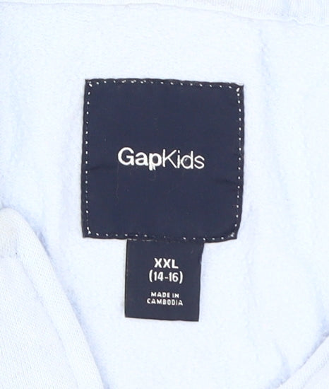 Close-up detail of Gap girls’ blue full zip hoodie 2xl logo casual