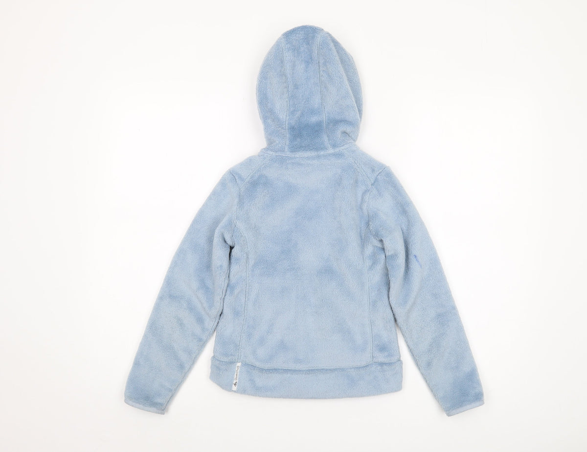 Back view of Decathlon girls’ blue hooded fleece jacket 7-8 years