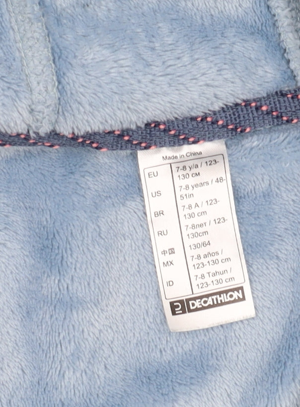 Brand and care label for Decathlon girls’ blue hooded fleece jacket 7-8 years