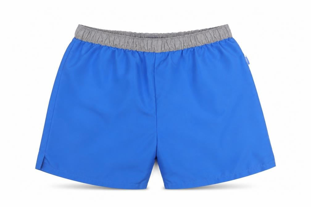 Front view of Trespass boys’ blue swim shorts, size 11, lightweight, elastic waist