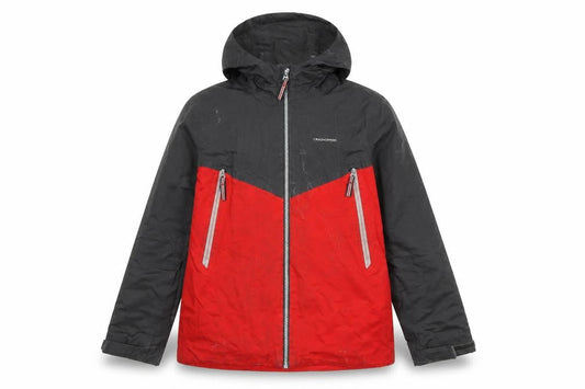 Front view of Craghoppers boys’ black red waterproof parka, 11-12 years
