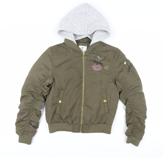 H&M Girls Green Bomber Jacket with Hood, Size 11-12 Years