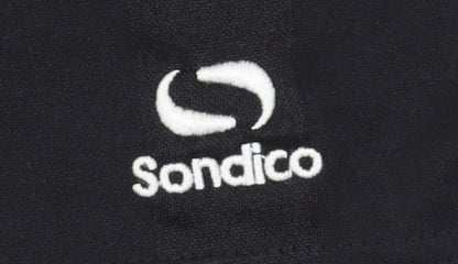 Brand and care label for Sondico boys’ black athletic shorts, size L