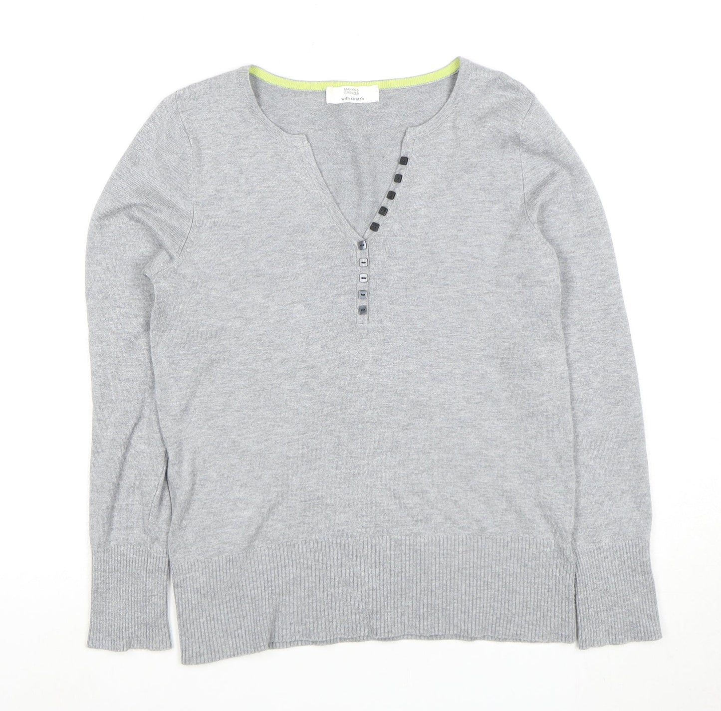Marks and Spencer Women's Grey Button-Up V-Neck Top