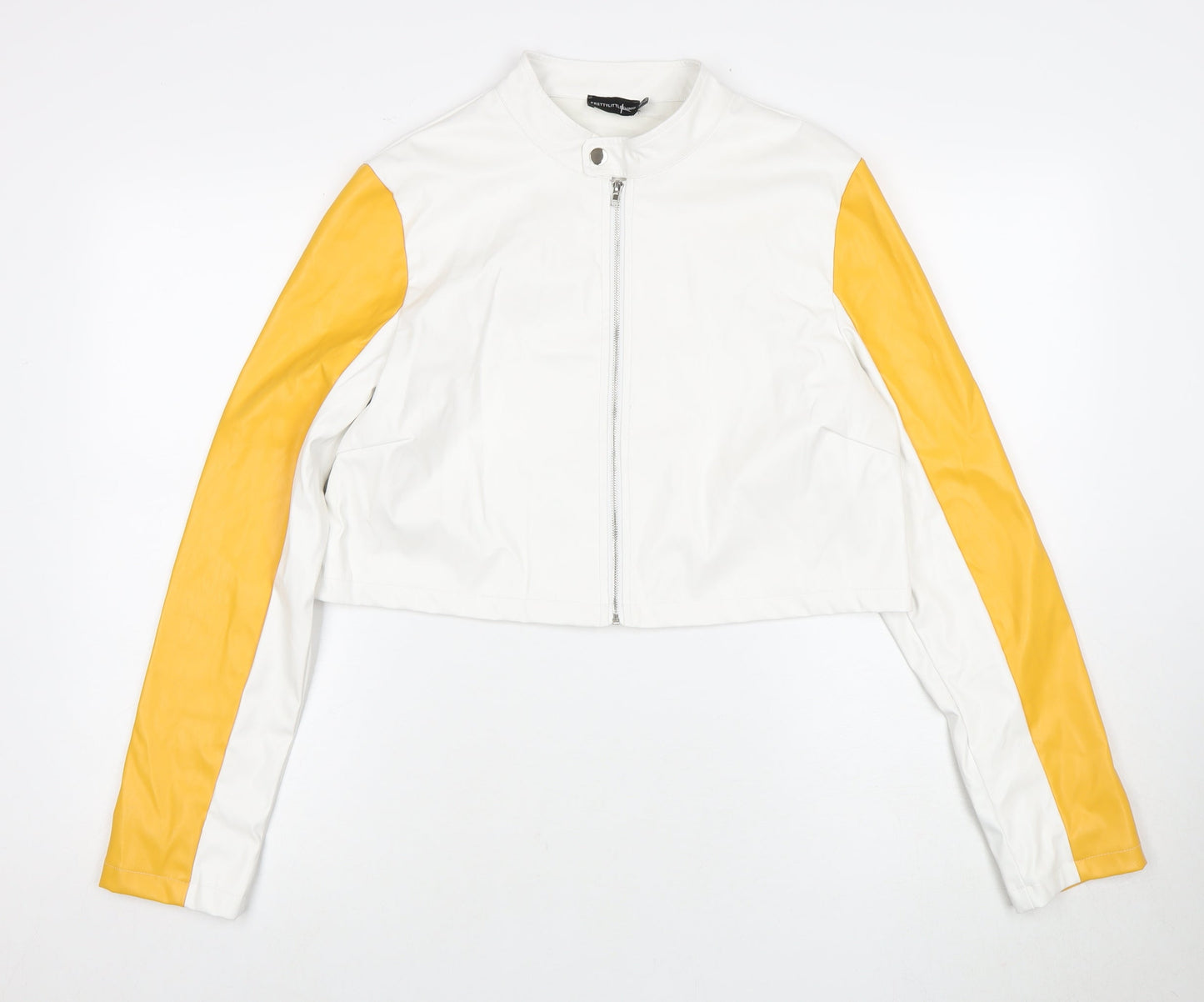 PrettyLittleThing Women's White Yellow Biker Jacket UK 12