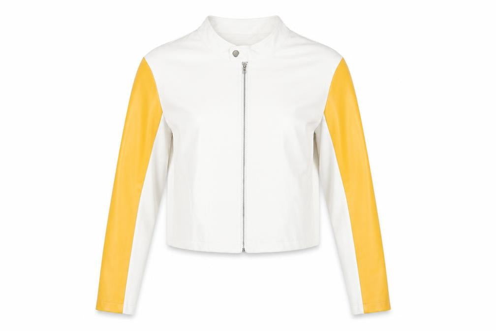 PrettyLittleThing Women's White Yellow Biker Jacket UK 12