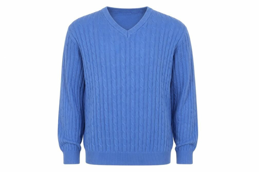 Pegasus Men's Blue V-Neck Cable-Knit Jumper L