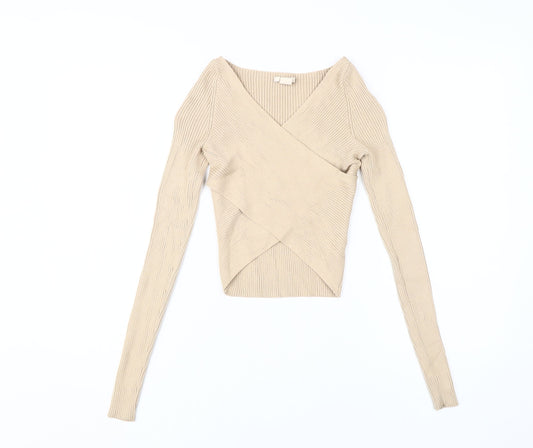 H&M Women's Beige Wrap V-Neck Knit Blouse Size 6