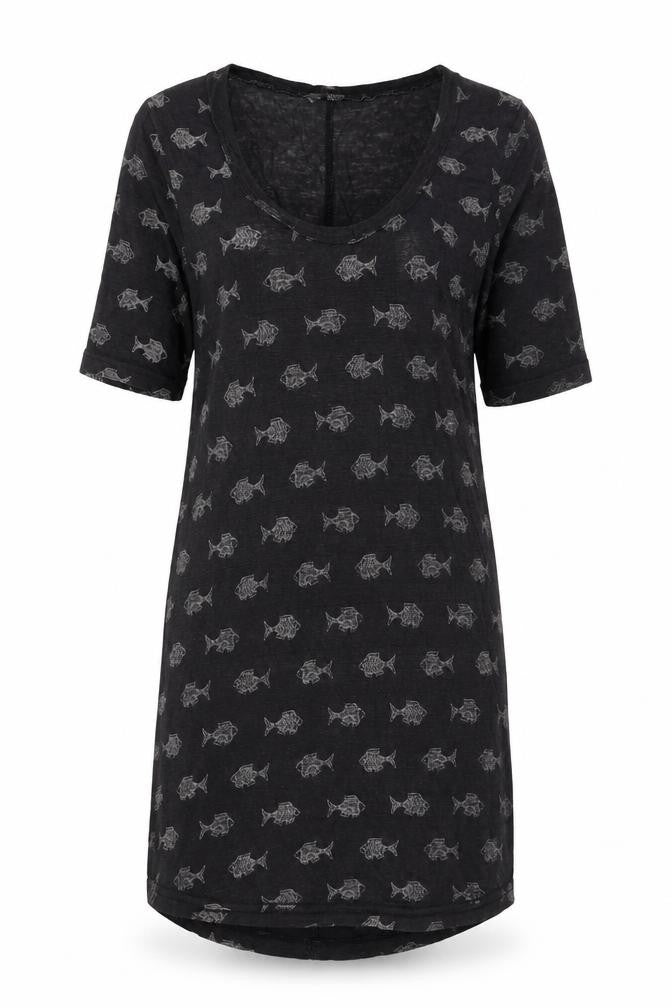 FatFace Women Black Fish Print Linen Tunic T-Shirt Size 6