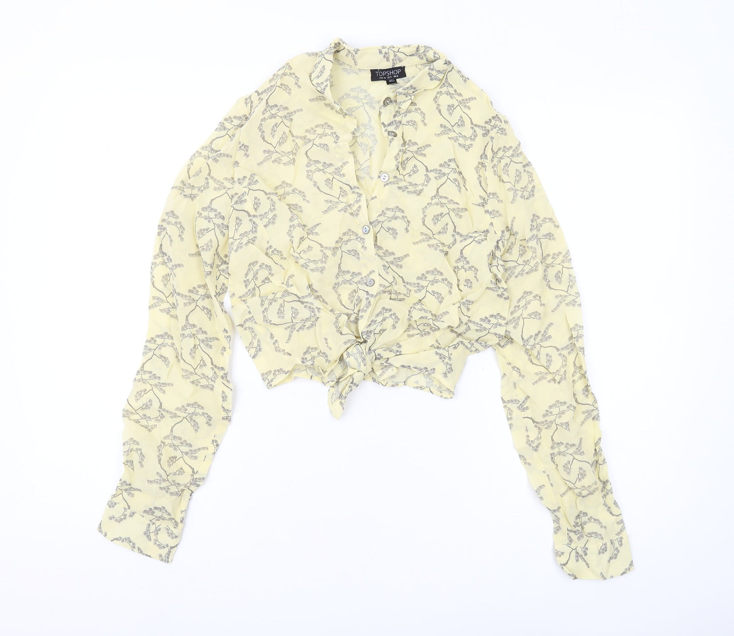 Topshop Women's Yellow Floral Cropped Button-Up Shirt