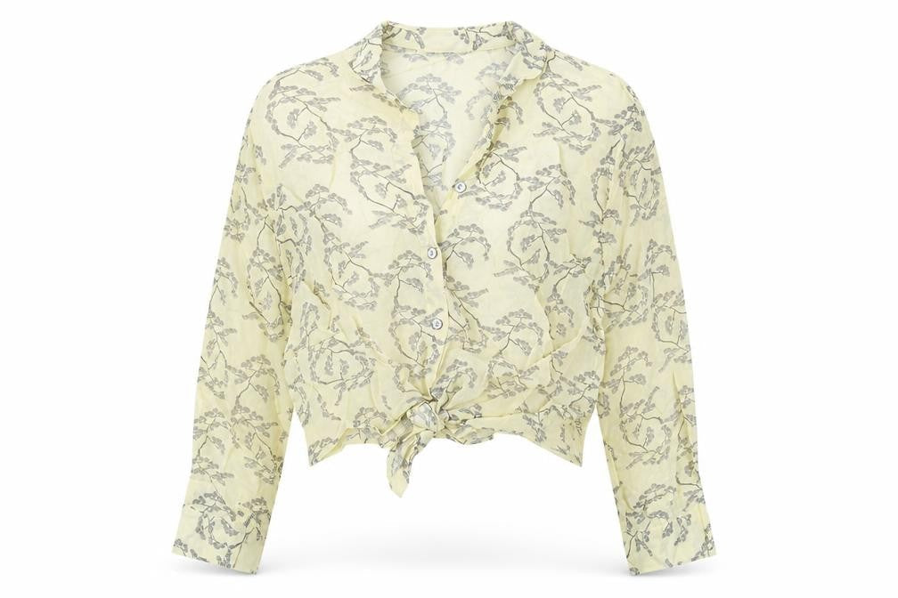 Topshop Women's Yellow Floral Cropped Button-Up Shirt