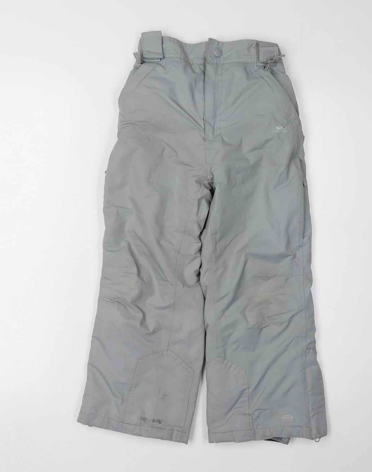 Additional front view of Trespass boys’' grey snow pants, size 5, waterproof winter trousers