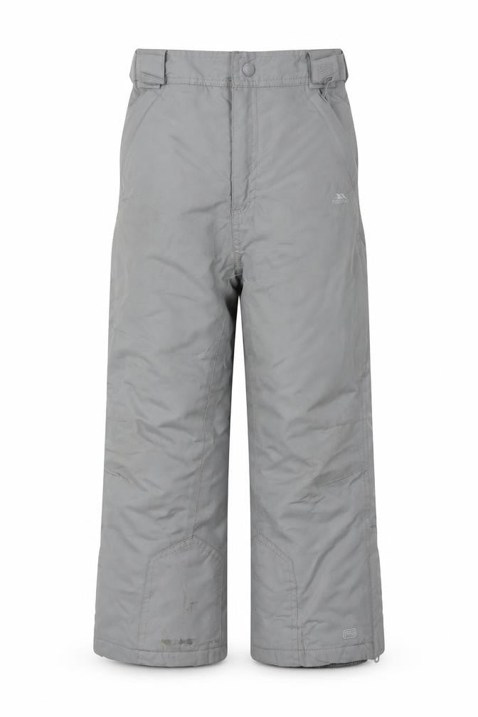 Front view of Trespass boys’' grey snow pants, size 5, waterproof winter trousers