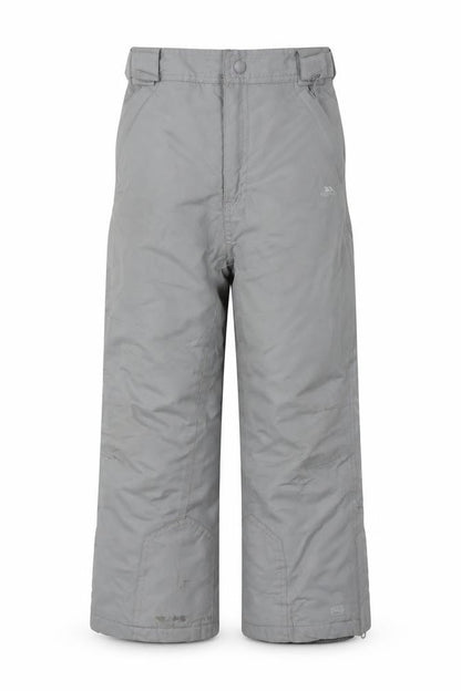 Front view of Trespass boys’' grey snow pants, size 5, waterproof winter trousers