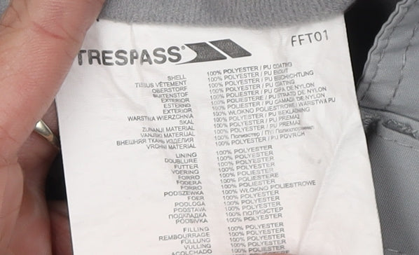 Brand and care label for Trespass boys’' grey snow pants, size 5, waterproof winter trousers
