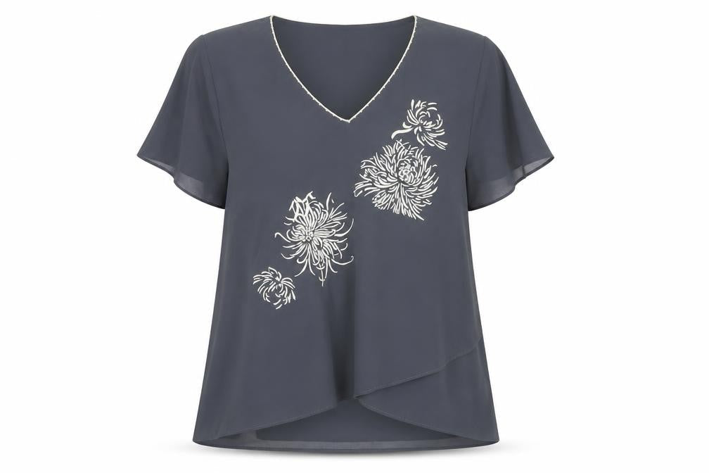 Jacques Vert Women's Grey Embroidered Floral Top, Size 12