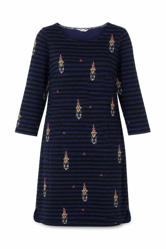 White Stuff Women’s Blue Striped Embroidered Dress Size 6