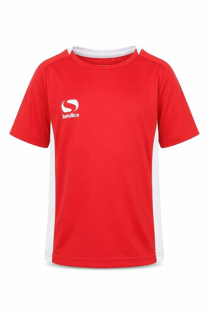 Front view of Sondico boys’ red football t-shirt 3-4 years jersey