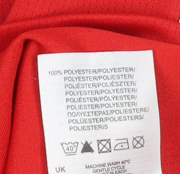Close-up detail of Sondico boys’ red football t-shirt 3-4 years jersey