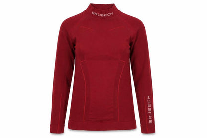 Front view of Brubeck girls’ red pullover top, size 12, long sleeve athletic
