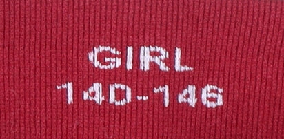 Brand and care label for Brubeck girls’ red activewear leggings 11 years