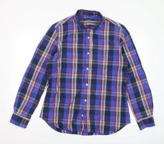 French Connection Men's Blue Plaid Long Sleeve Shirt L