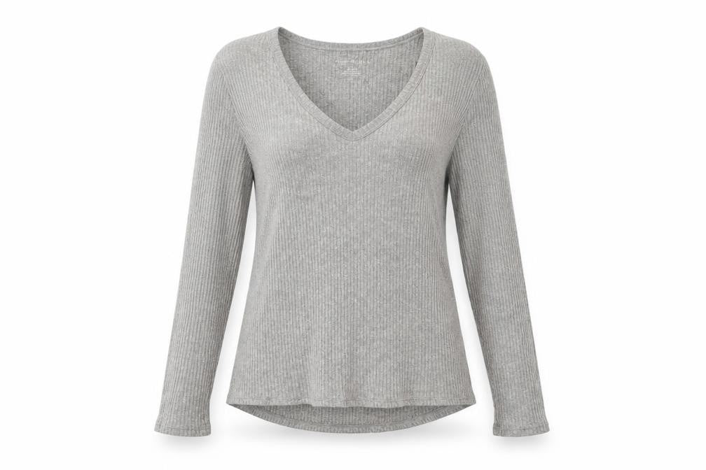 American Eagle Women's Grey V-Neck Long Sleeve T-Shirt