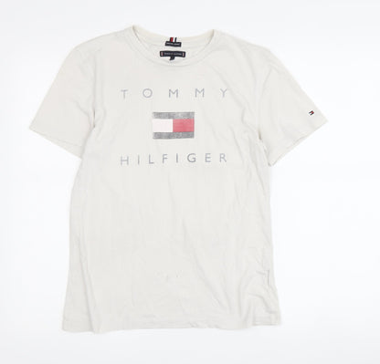 Additional front view of Tommy Hilfiger boys’ white logo t-shirt 164 - basic crew neck short sleeve