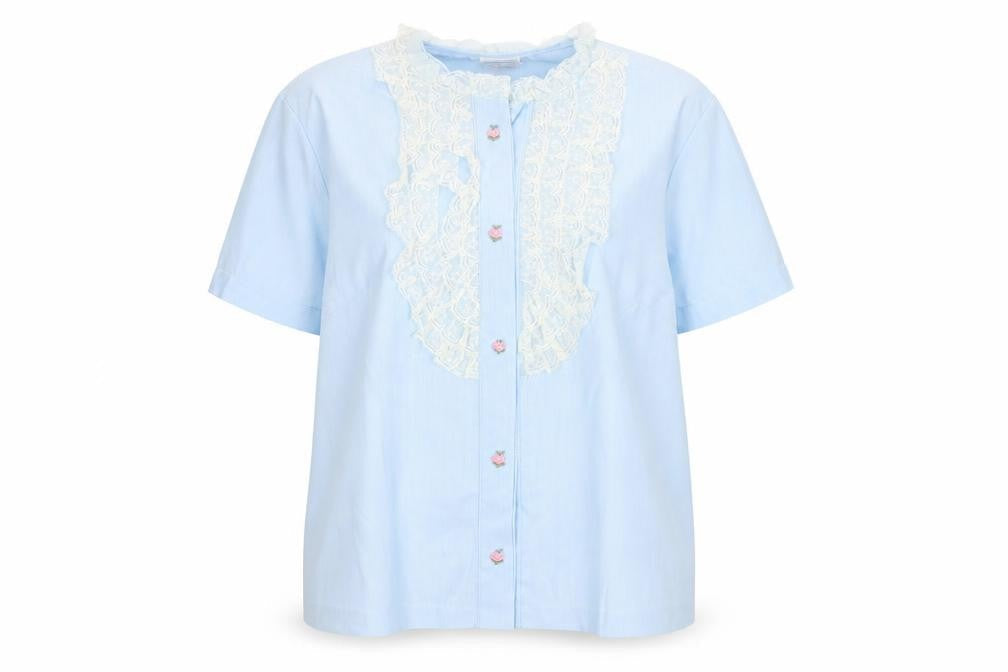 St Michael Blue Women's Blouse, Size 34 with Lace Accents